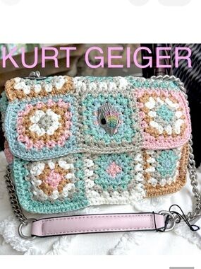 KURT GEIGER Kensington small crochet crossbody bag pastel blue pink NWT